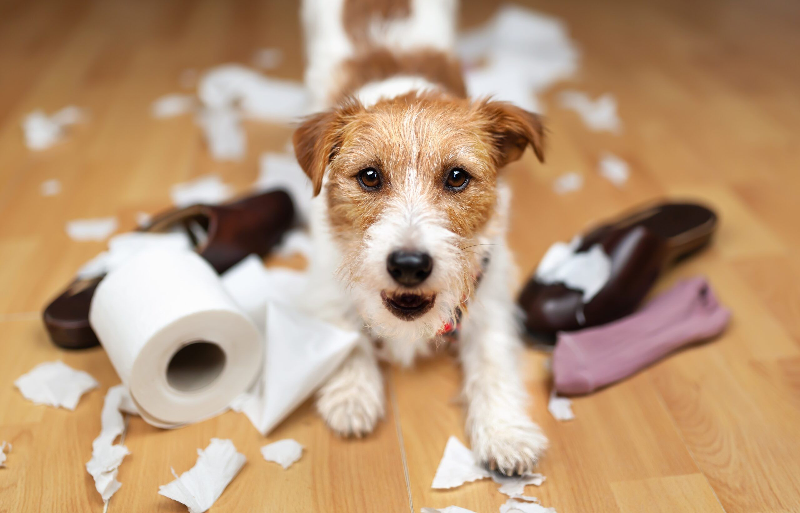 Anxiety in dogs manifesting in dogs erratic behavior A small sized dog among pieces of toilet paper on the floor and a shoe